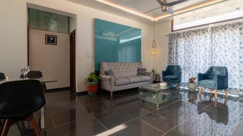 The living room of the Metal Apartment at the Jazminn, luxury service apartments for rent in Bangalore