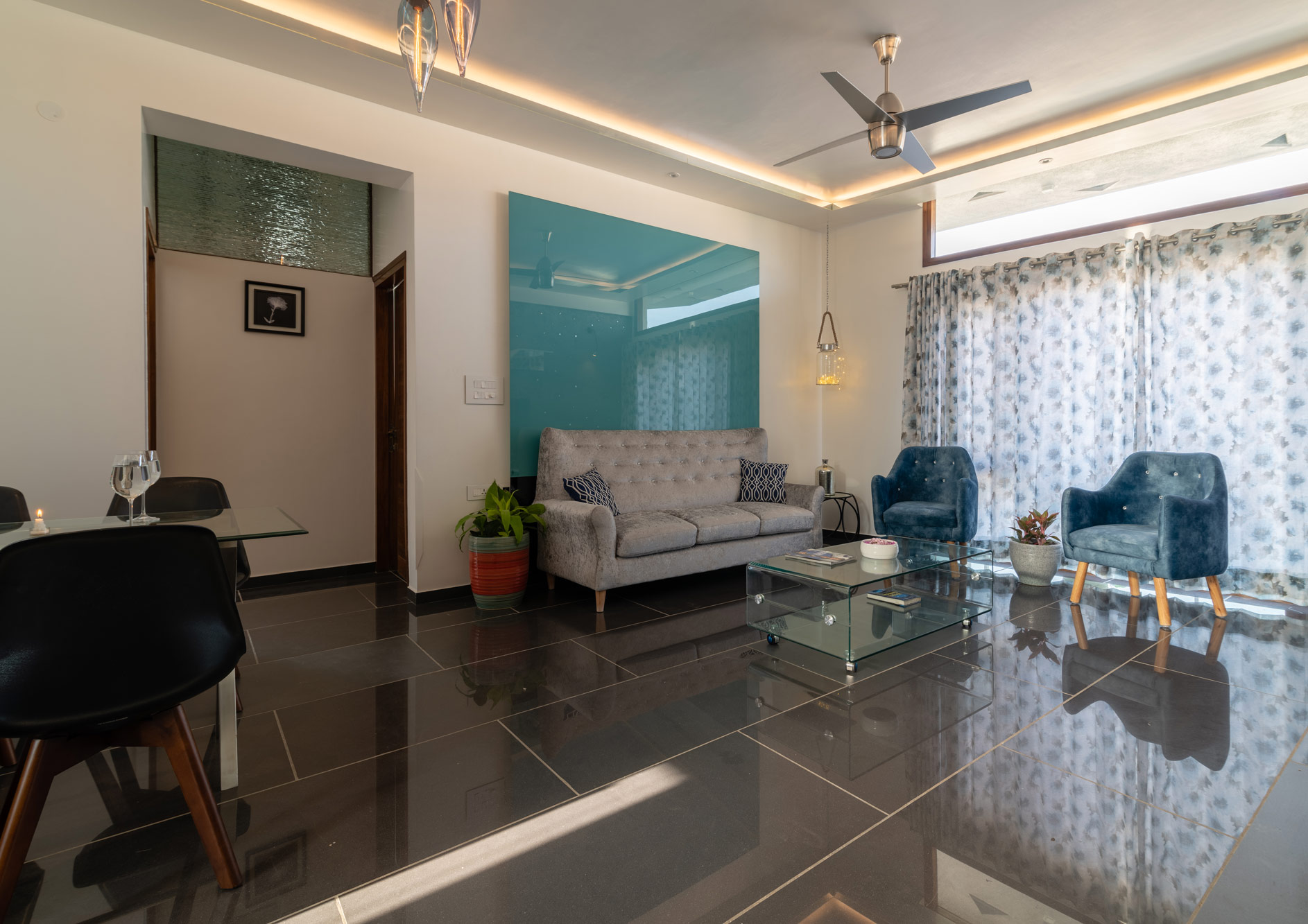 The living room of the Metal Apartment at the Jazminn, luxury service apartments for rent in Bangalore