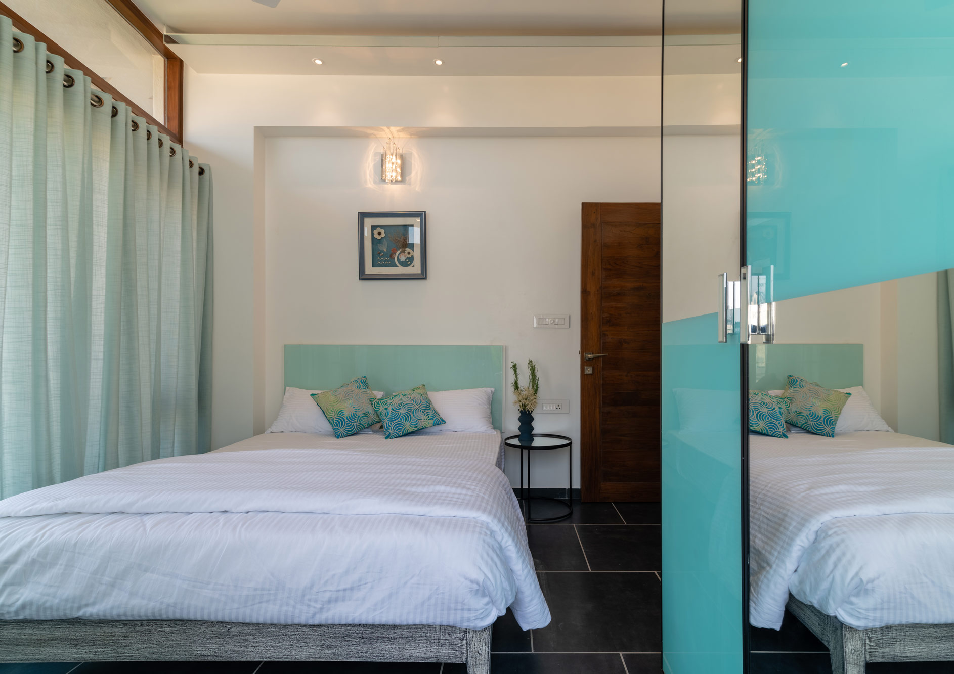 The Azure Bedroom in the Glass apartment at the Jazminn, luxury service apartments for rent in Bangalore